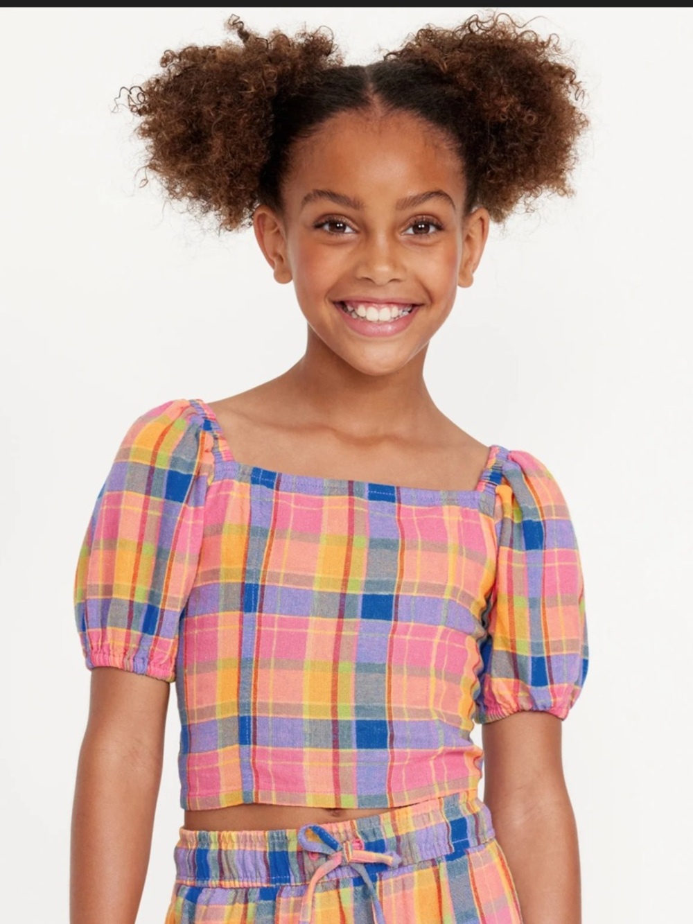 Plaid linen blend puff sleeve top